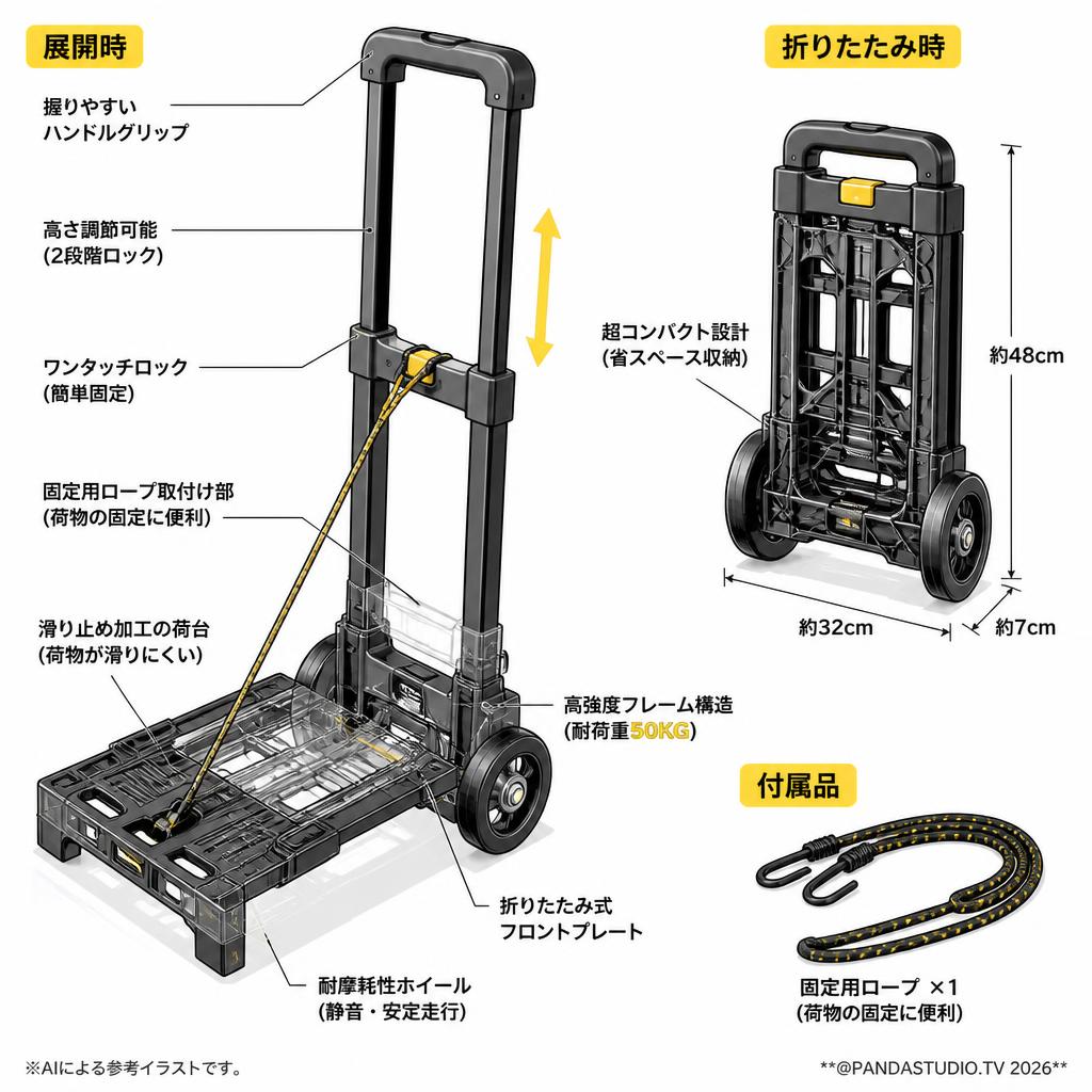 【耐荷重量50KG 】超コンパクトキャリーカート 折りたたみ式 軽量 固定ロープ付き Small Black スペック