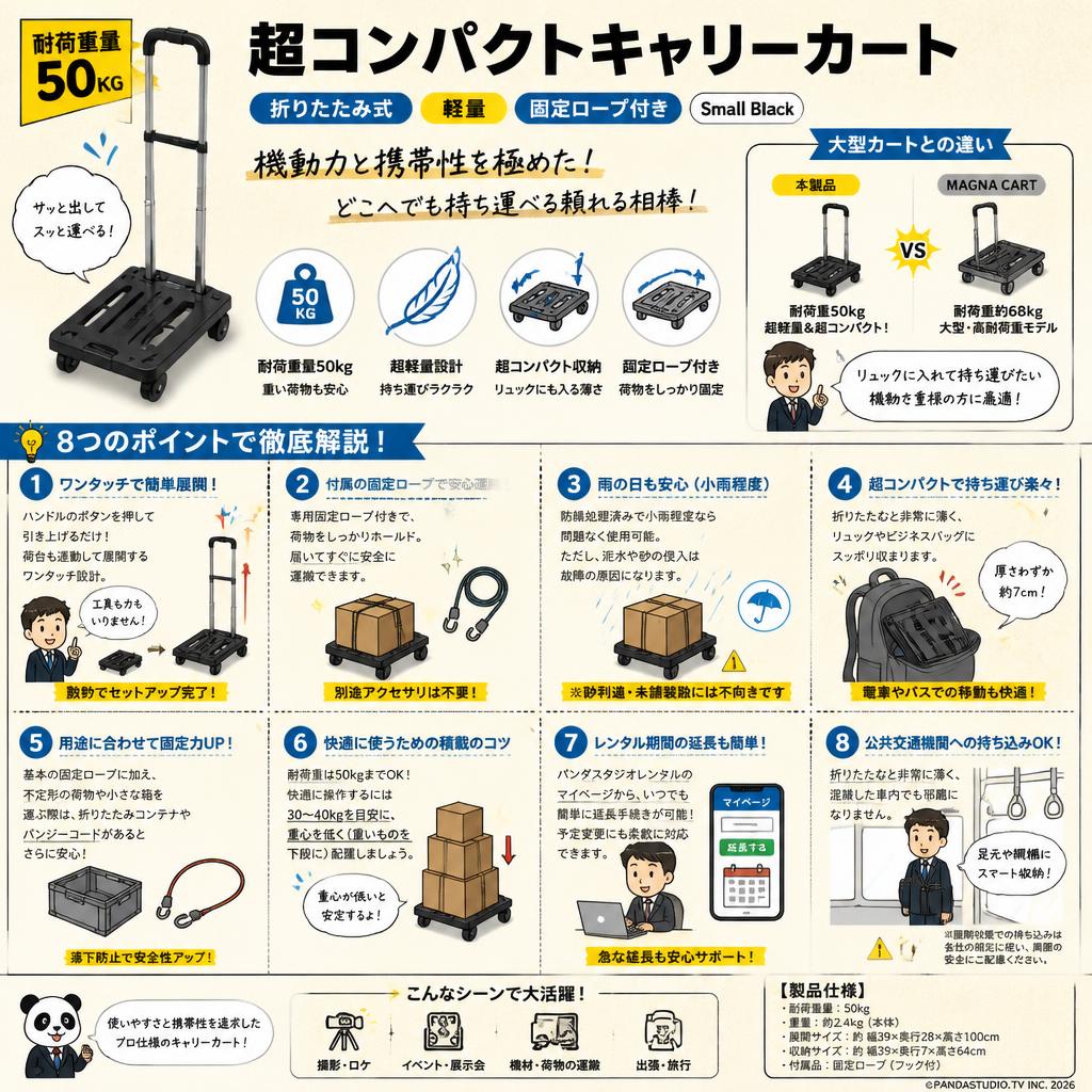 【耐荷重量50KG 】超コンパクトキャリーカート 折りたたみ式 軽量 固定ロープ付き Small Black FAQ（よくある質問と答え）