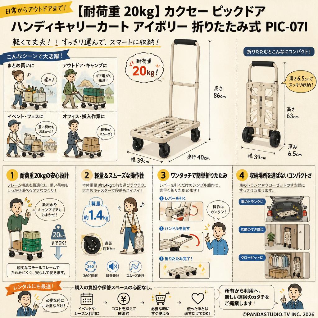【耐荷重 20kg】カクセー ピックドア ハンディキャリーカート アイボリー 折りたたみ式 PIC-07I 概要