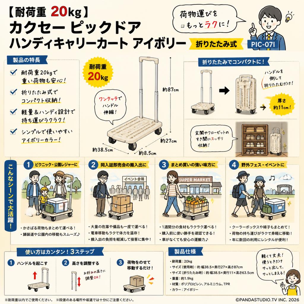 【耐荷重 20kg】カクセー ピックドア ハンディキャリーカート アイボリー 折りたたみ式 PIC-07I おもな対象のお客様