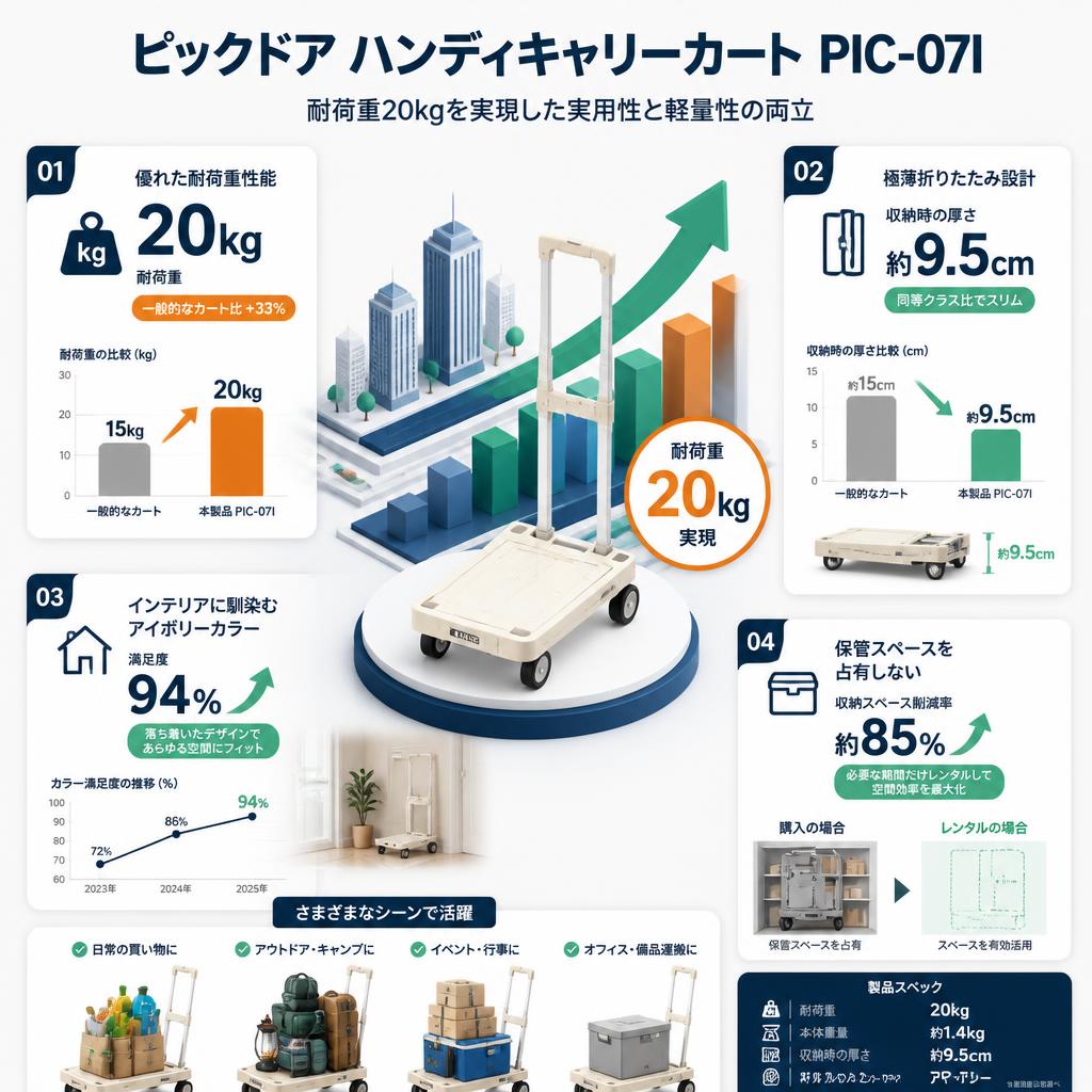 【耐荷重 20kg】カクセー ピックドア ハンディキャリーカート アイボリー 折りたたみ式 PIC-07I セールスポイント
