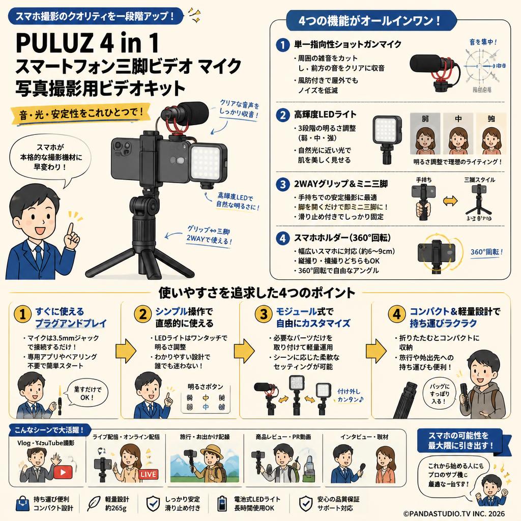 PULUZ 4 in 1 スマートフォン三脚ビデオ マイク  写真撮影用ビデオキット 概要