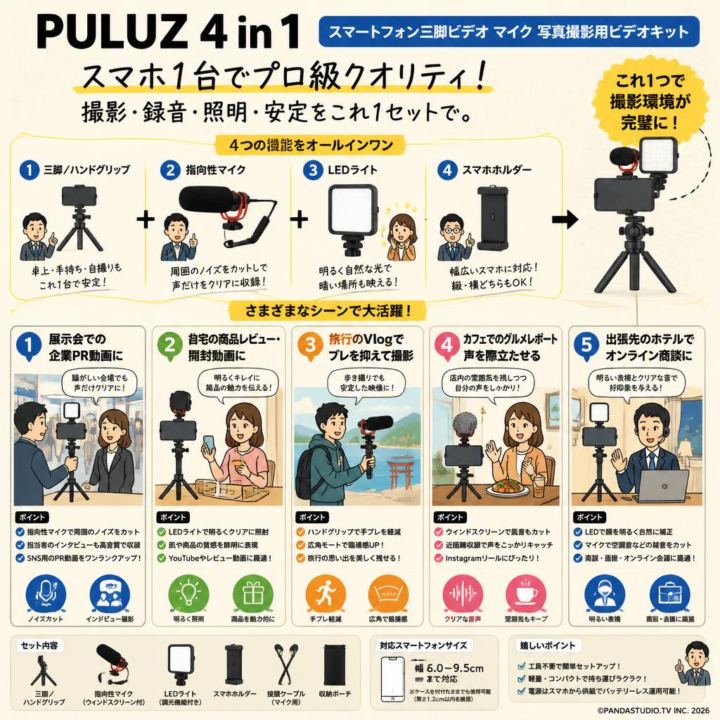 PULUZ 4 in 1 スマートフォン三脚ビデオ マイク  写真撮影用ビデオキット 用途