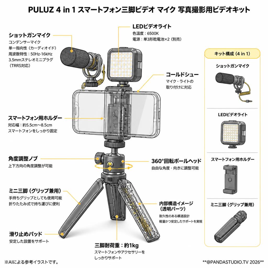 PULUZ 4 in 1 スマートフォン三脚ビデオ マイク  写真撮影用ビデオキット スペック