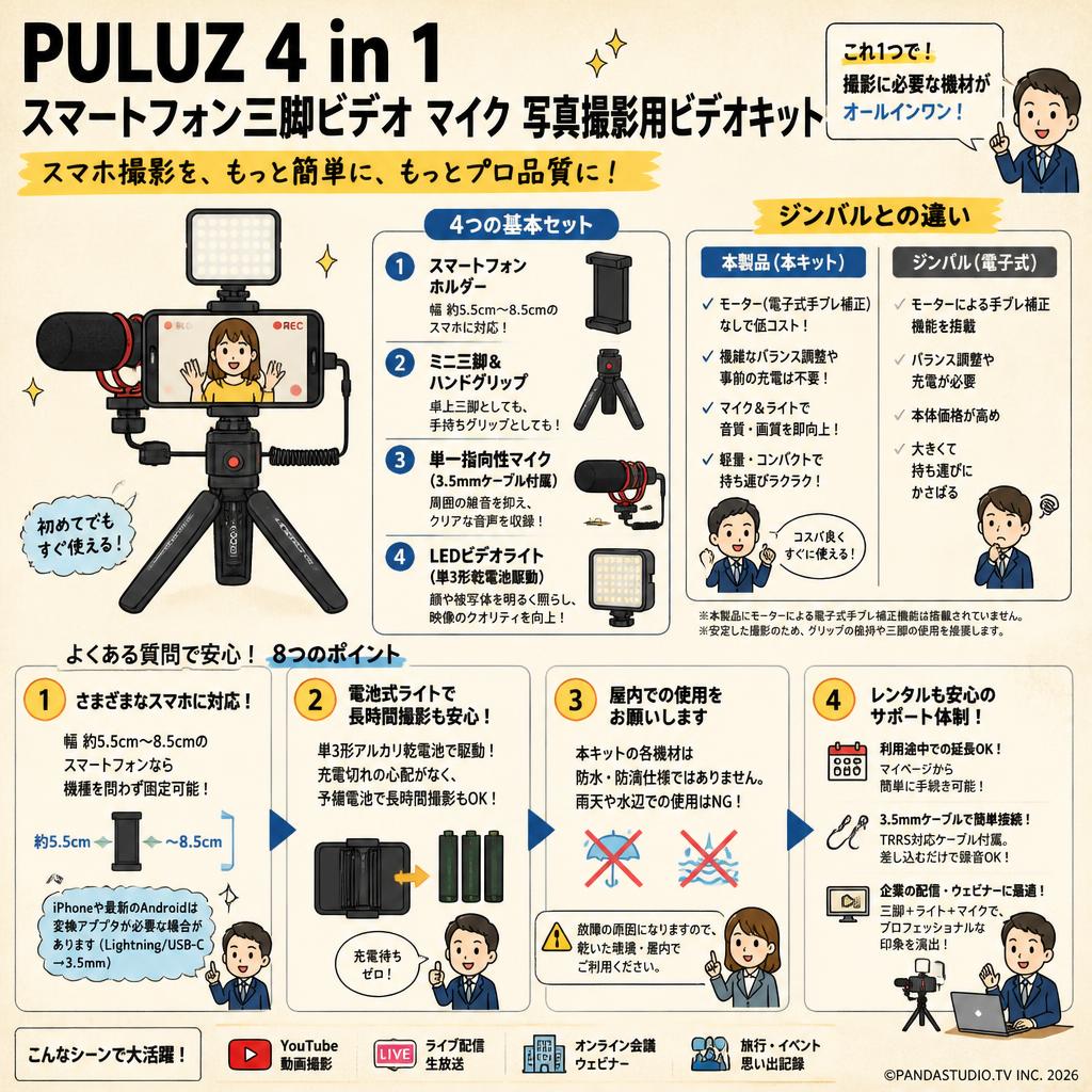 PULUZ 4 in 1 スマートフォン三脚ビデオ マイク  写真撮影用ビデオキット FAQ（よくある質問と答え）