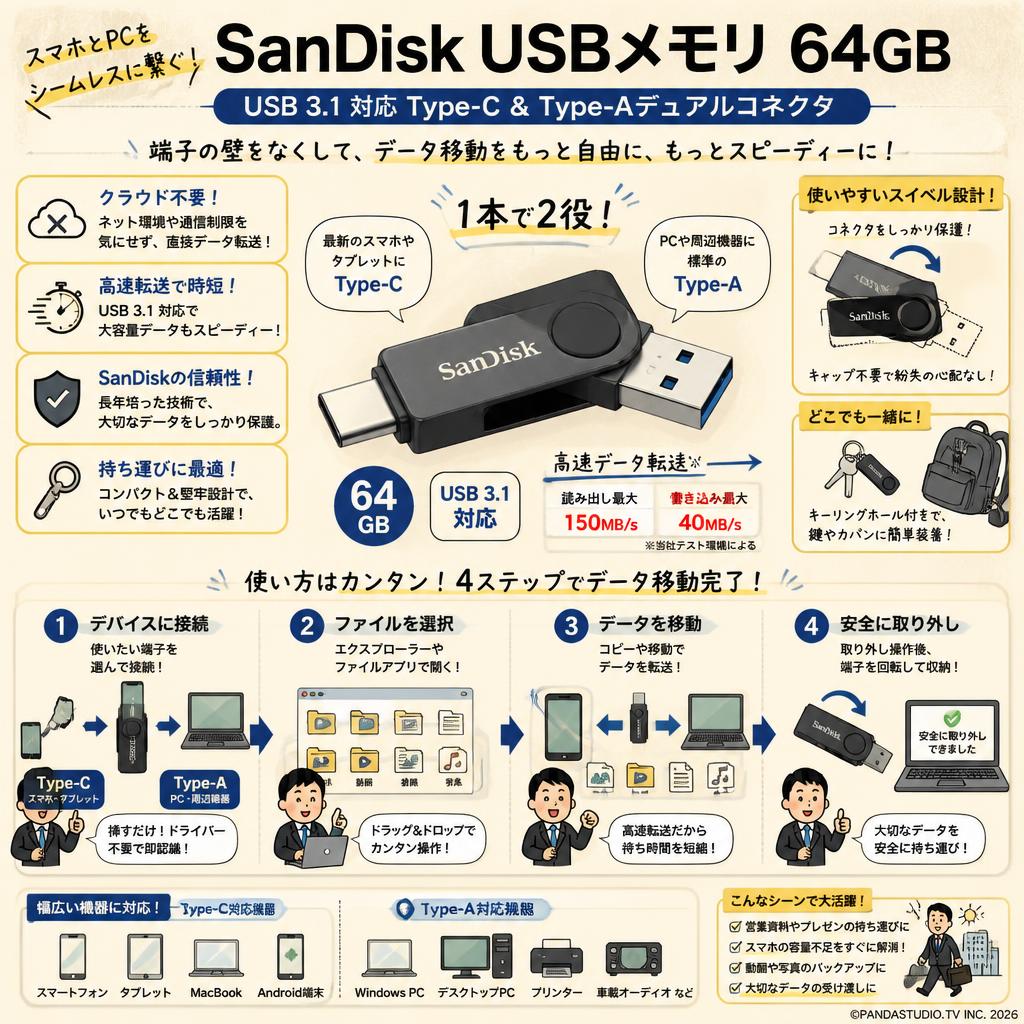 SanDisk USBメモリ 64GB USB 3.1 対応 Type-C ＆ Type-Aデュアルコネクタ 概要