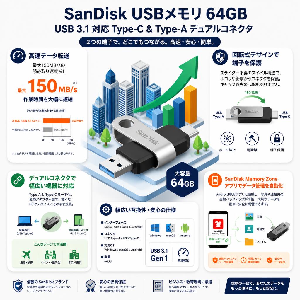 SanDisk USBメモリ 64GB USB 3.1 対応 Type-C ＆ Type-Aデュアルコネクタ セールスポイント