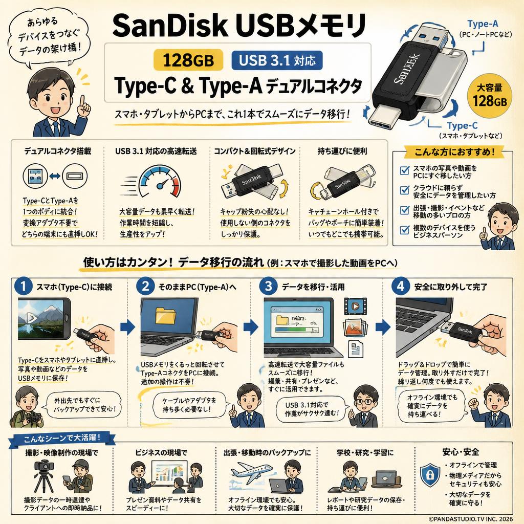 SanDisk USBメモリ 128GB USB 3.1 対応 Type-C ＆ Type-Aデュアルコネクタ 概要