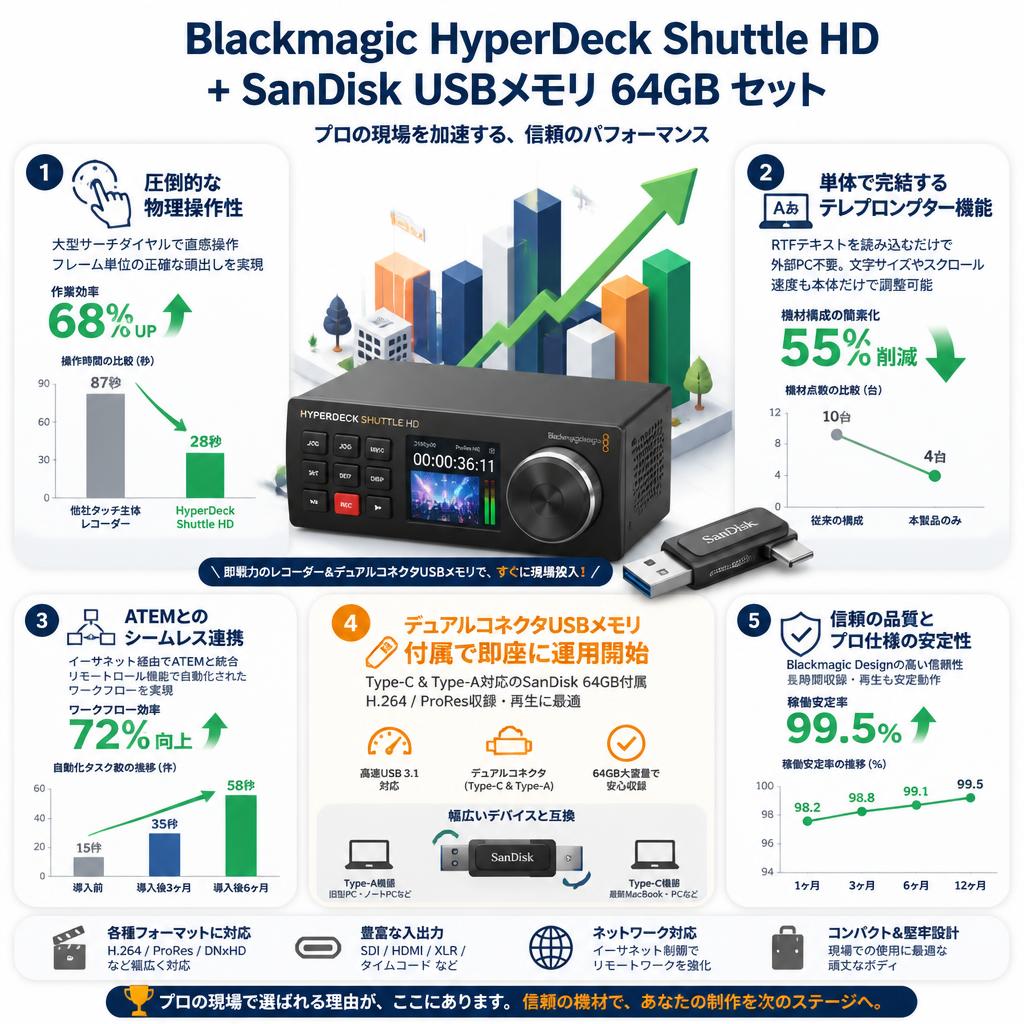 Blackmagic Design HyperDeck Shuttle HD / SanDisk USBメモリ 64GB USB 3.1 対応 Type-C ＆ Type-Aデュアルコネクタ セット セールスポイント