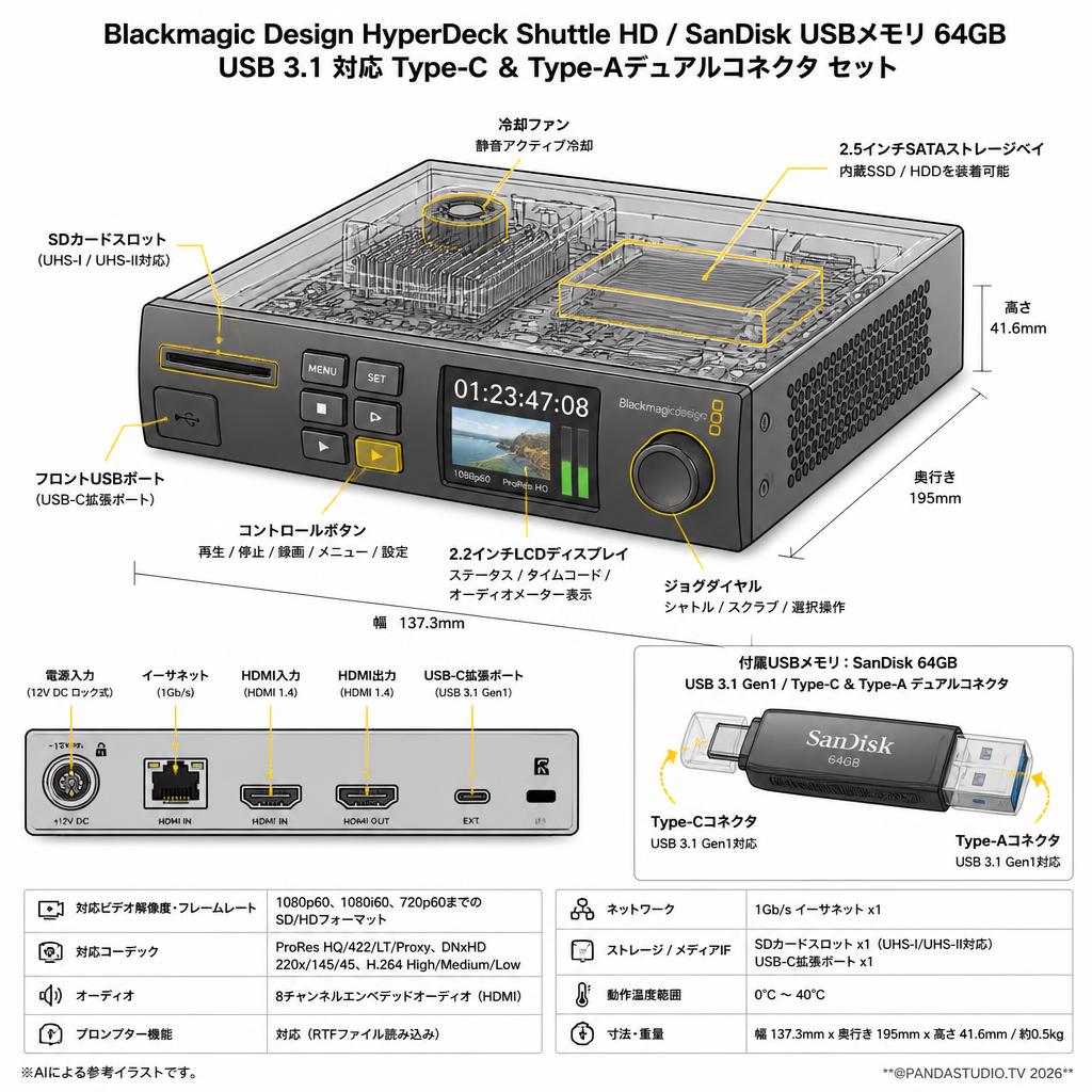 Blackmagic Design HyperDeck Shuttle HD / SanDisk USBメモリ 64GB USB 3.1 対応 Type-C ＆ Type-Aデュアルコネクタ セット スペック