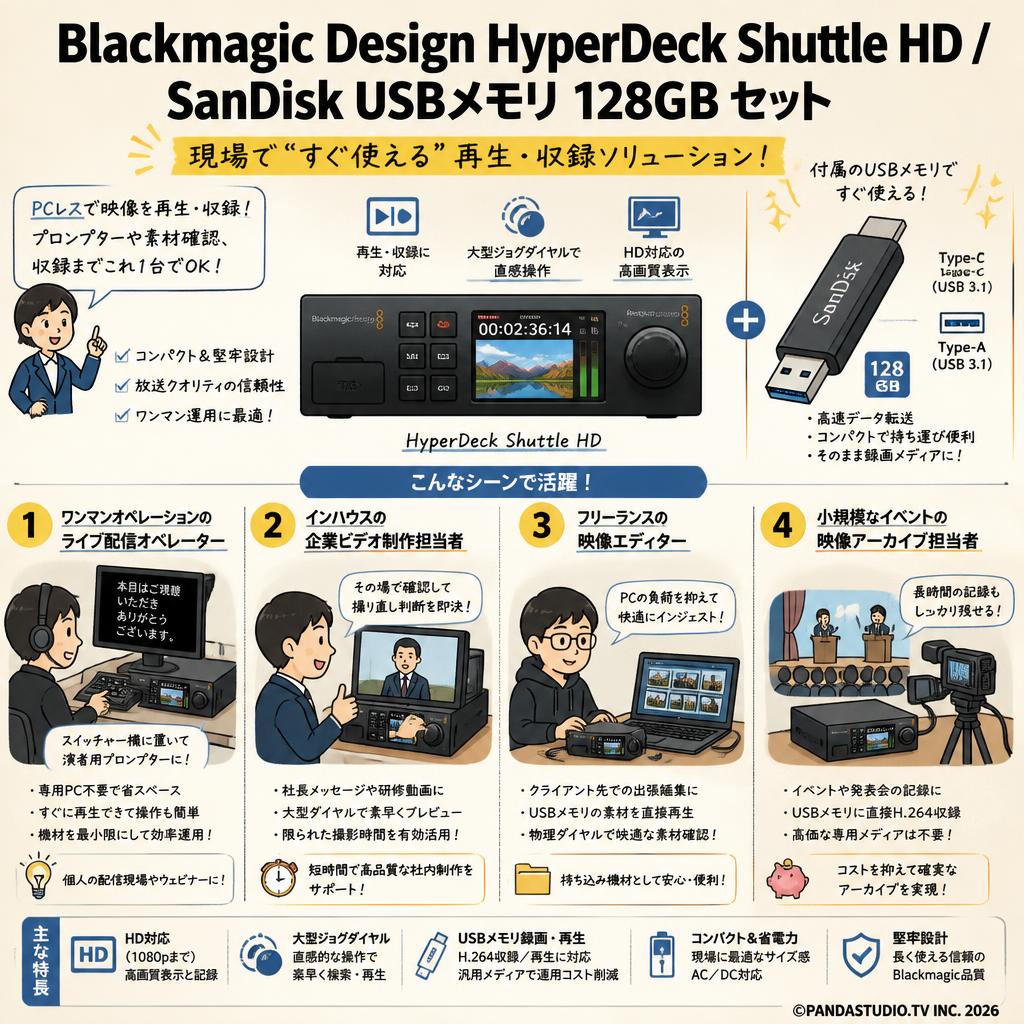 Blackmagic Design HyperDeck Shuttle HD / SanDisk USBメモリ 128GB USB 3.1 対応 Type-C ＆ Type-Aデュアルコネクタ セット おもな対象のお客様