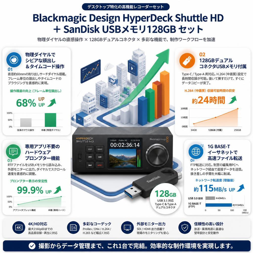 Blackmagic Design HyperDeck Shuttle HD / SanDisk USBメモリ 128GB USB 3.1 対応 Type-C ＆ Type-Aデュアルコネクタ セット セールスポイント