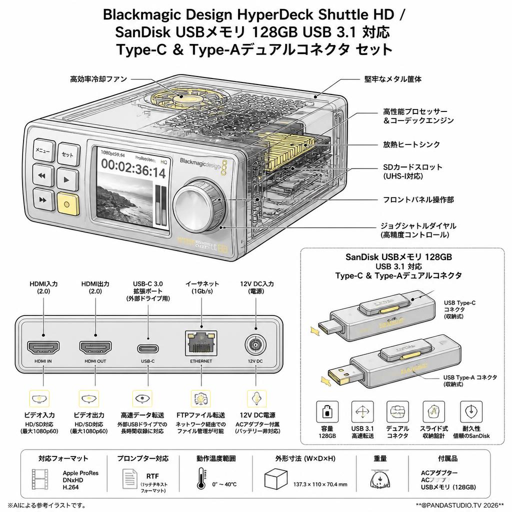 Blackmagic Design HyperDeck Shuttle HD / SanDisk USBメモリ 128GB USB 3.1 対応 Type-C ＆ Type-Aデュアルコネクタ セット スペック