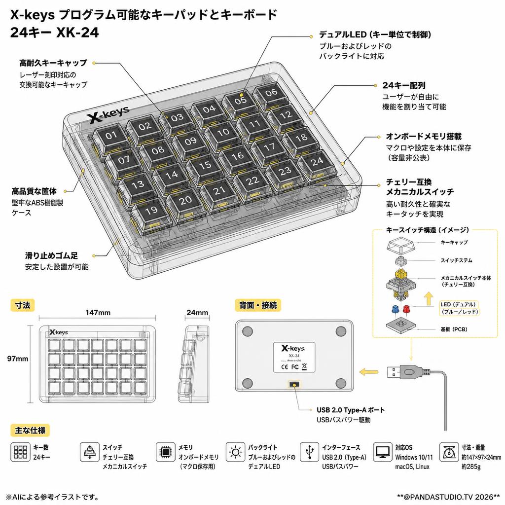 X-keys プログラム可能なキーパッドとキーボード 24キーXK-24 スペック
