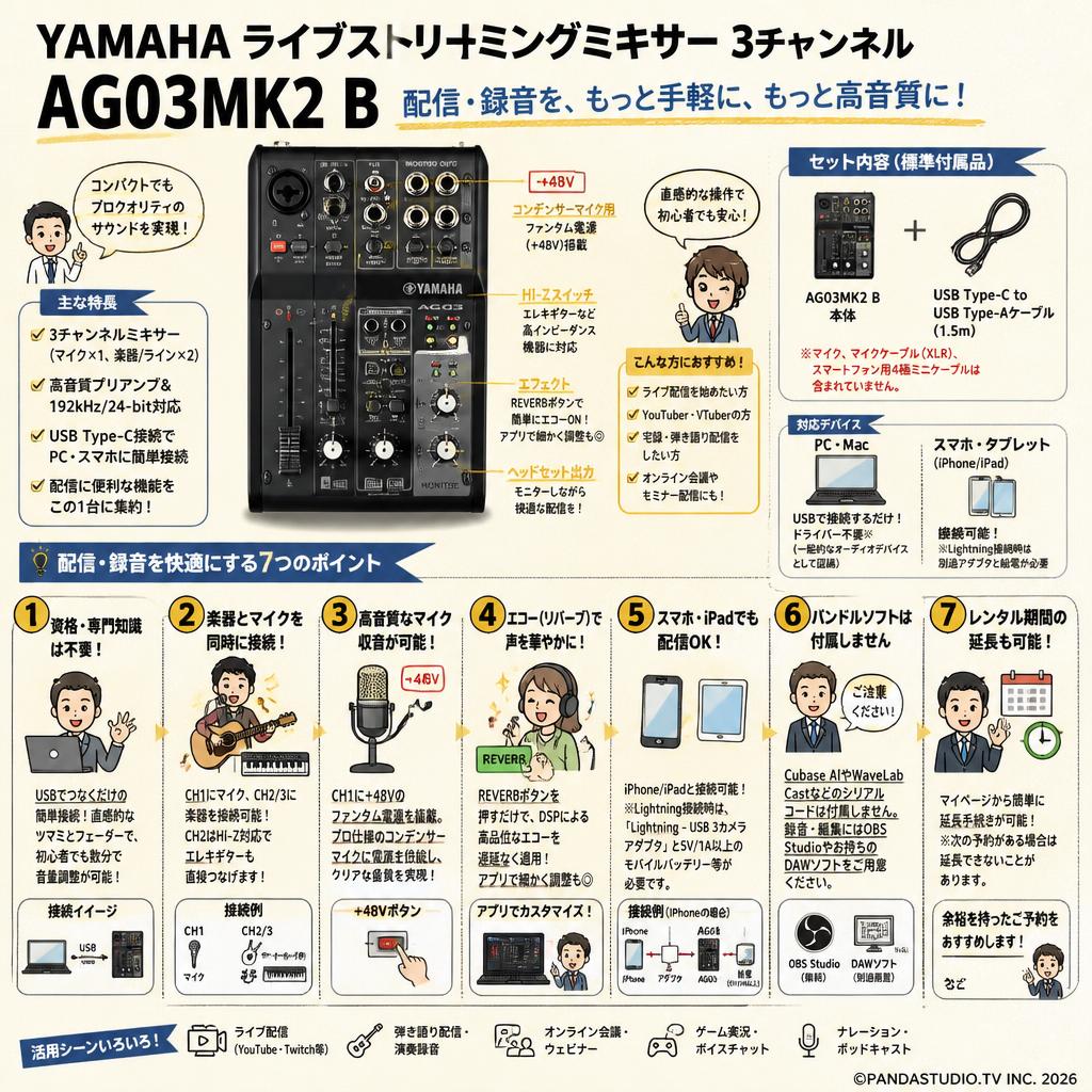 YAMAHA ライブストリーミングミキサー 3チャンネル AG03MK2 B FAQ（よくある質問と答え）