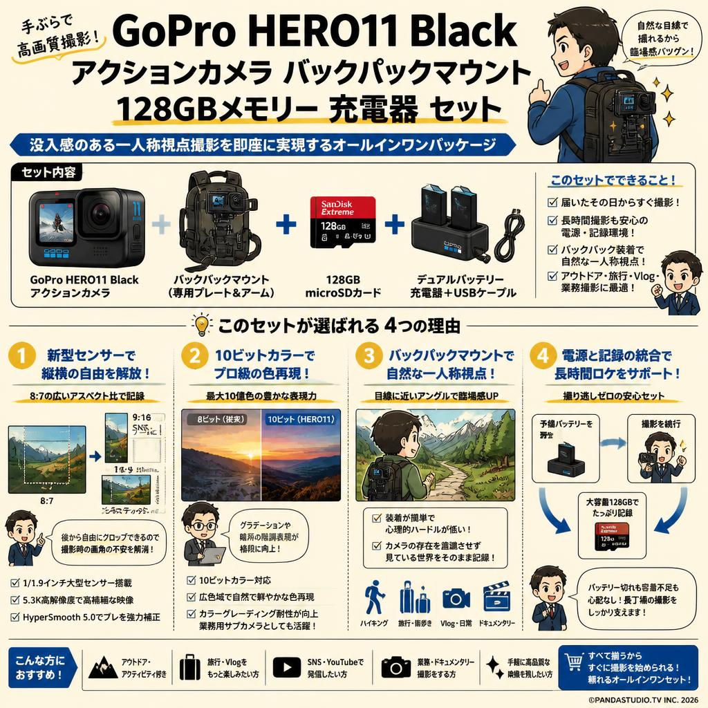 GoPro HERO11 Black アクションカメラ バックパックマウント 128GBメモリー 充電器 セット 概要