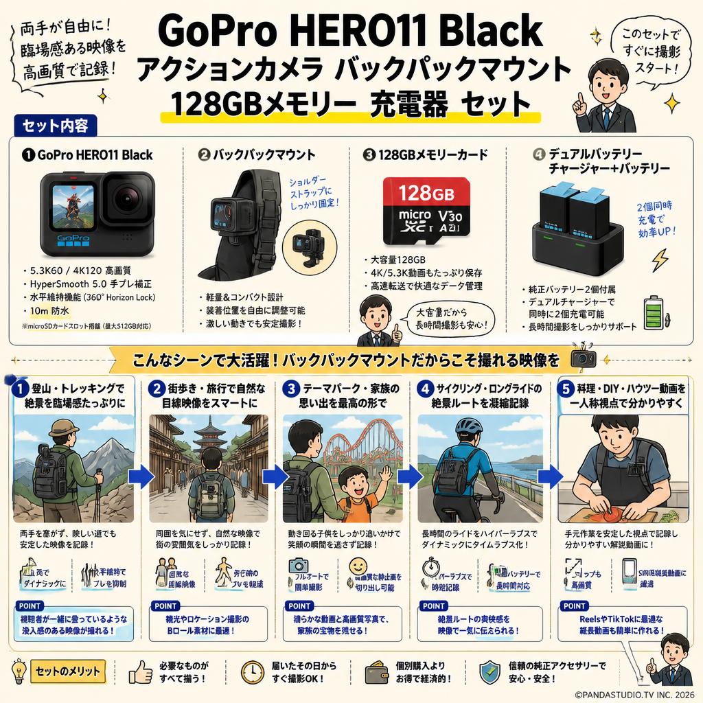 GoPro HERO11 Black アクションカメラ バックパックマウント 128GBメモリー 充電器 セット 用途