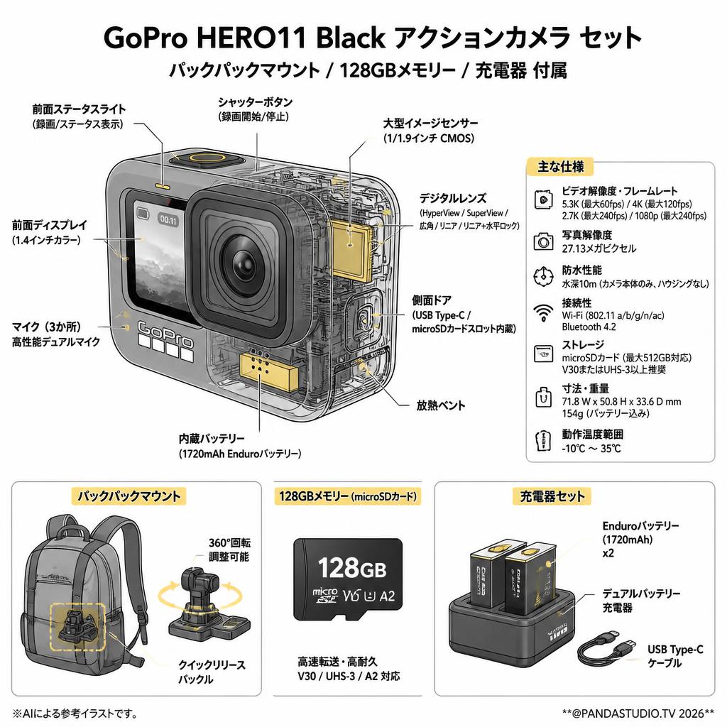 GoPro HERO11 Black アクションカメラ バックパックマウント 128GBメモリー 充電器 セット スペック