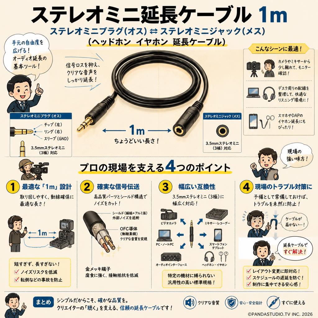 ステレオミニプラグ (オス)  ステレオミニジャック (メス) (ヘッドホン イヤホン 延長ケーブル) 1m 概要
