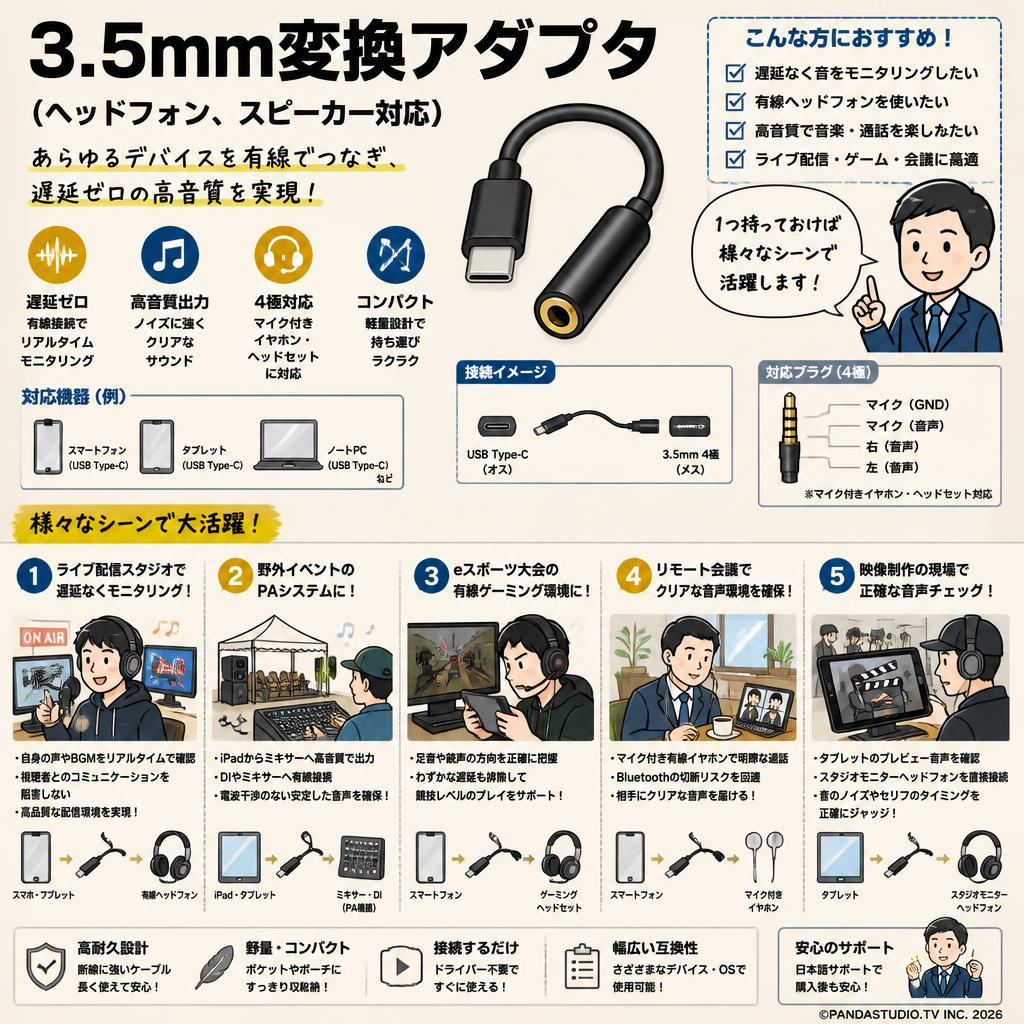 3.5mm変換アダプタ  (ヘッドフォン, スピーカー対応) 用途