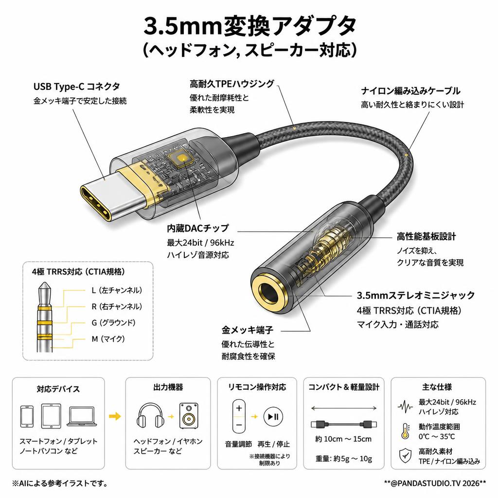 3.5mm変換アダプタ  (ヘッドフォン, スピーカー対応) スペック