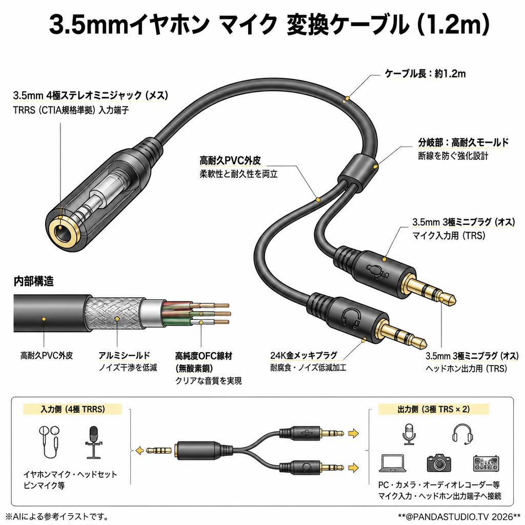 3.5mmイヤホン マイク 変換ケーブル (1.2m) スペック