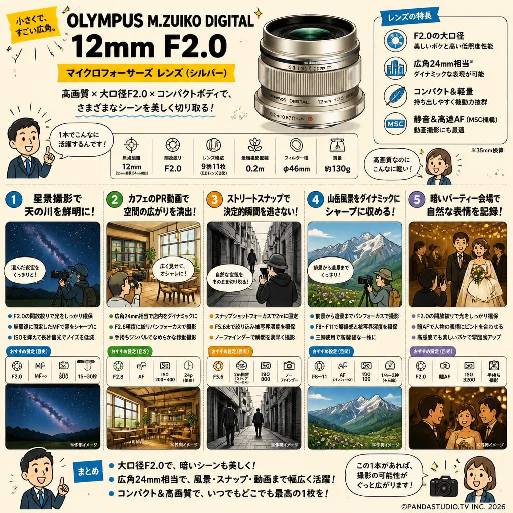 OLYMPUS M.ZUIKO DIGITAL 12mm F2.0 マイクロフォーサーズ レンズ（シルバー） 用途