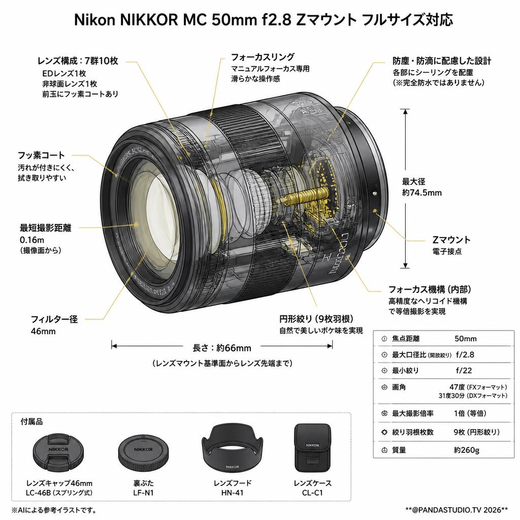 Nikon NIKKOR MC 50mm f2.8 Zマウント フルサイズ対応 スペック