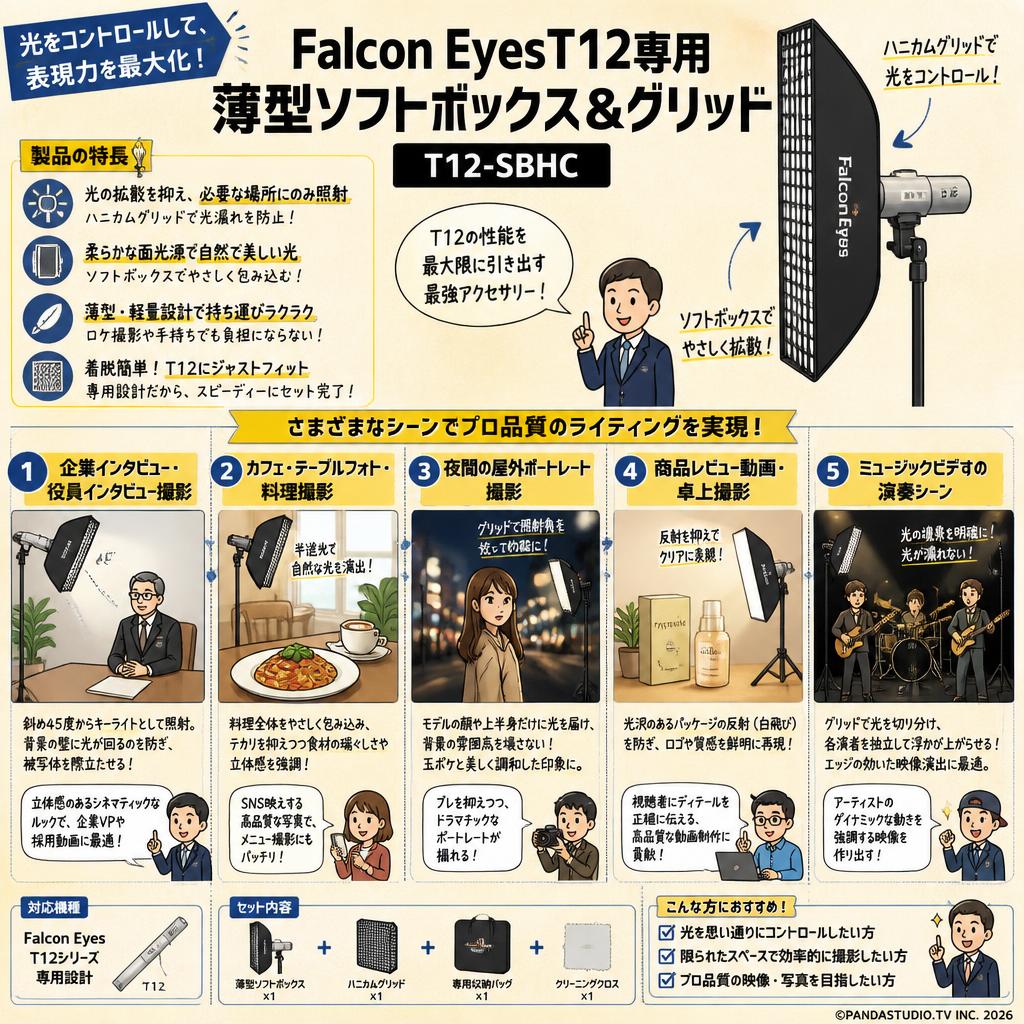 Falcon EyesT12専用薄型ソフトボックス＆グリッド　T12-SBHC【PROKIZAI.COM】 用途