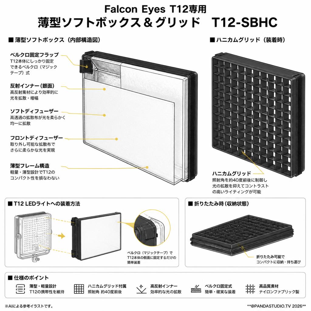 Falcon EyesT12専用薄型ソフトボックス＆グリッド　T12-SBHC【PROKIZAI.COM】 スペック