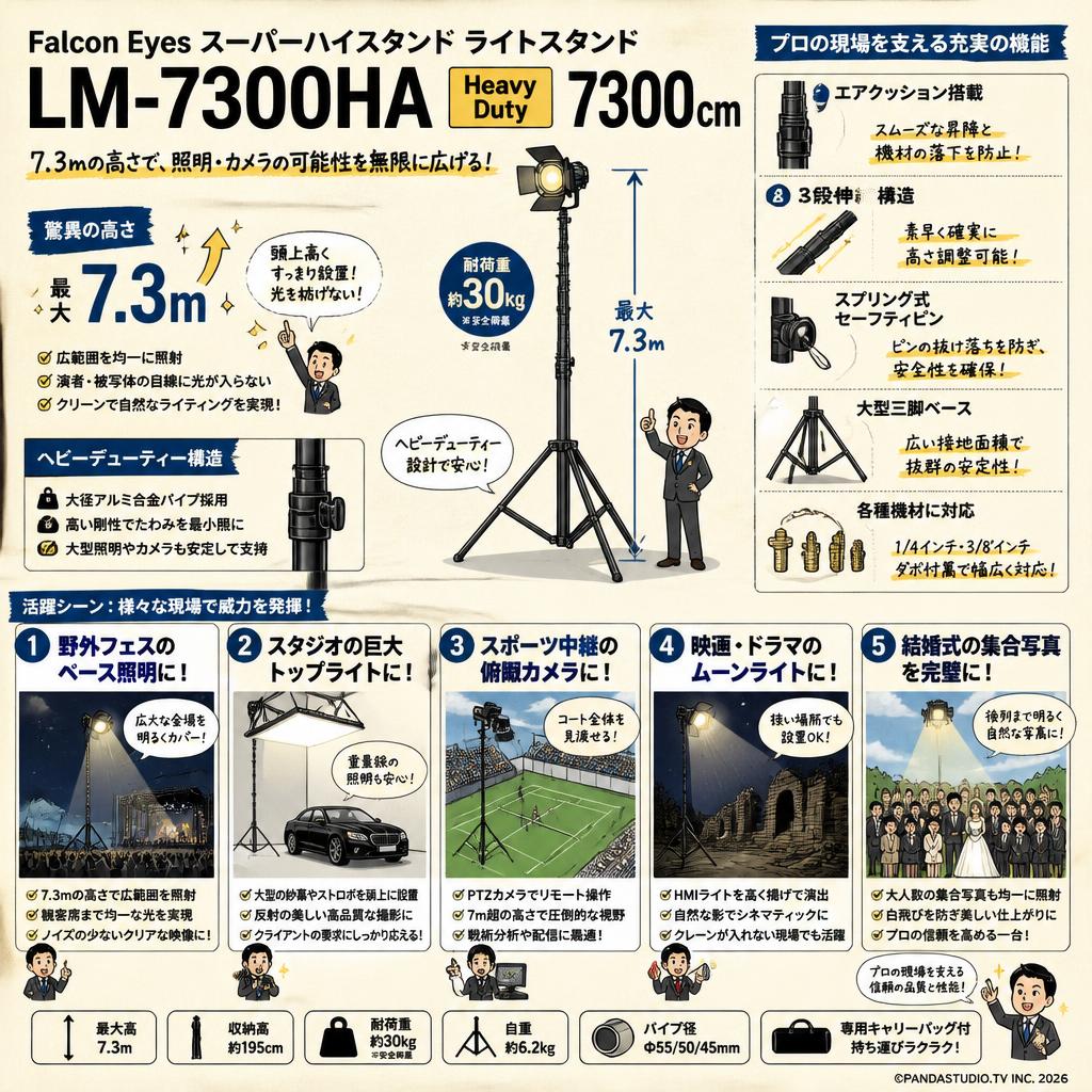 Falcon Eyes　スーパーハイスタンド　ライトスタンド　 LM-7300HA　 Heavy Duty 7300 cm【PROKIZAI.COM】 用途
