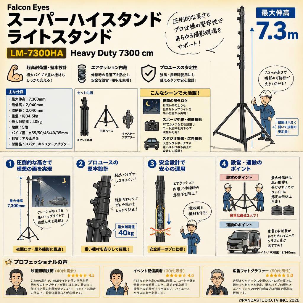 Falcon Eyes　スーパーハイスタンド　ライトスタンド　 LM-7300HA　 Heavy Duty 7300 cm【PROKIZAI.COM】 インターネット上のお客様の声（評判）
