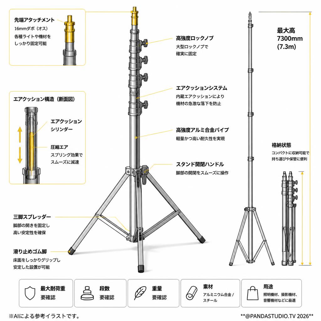 Falcon Eyes　スーパーハイスタンド　ライトスタンド　 LM-7300HA　 Heavy Duty 7300 cm【PROKIZAI.COM】 スペック