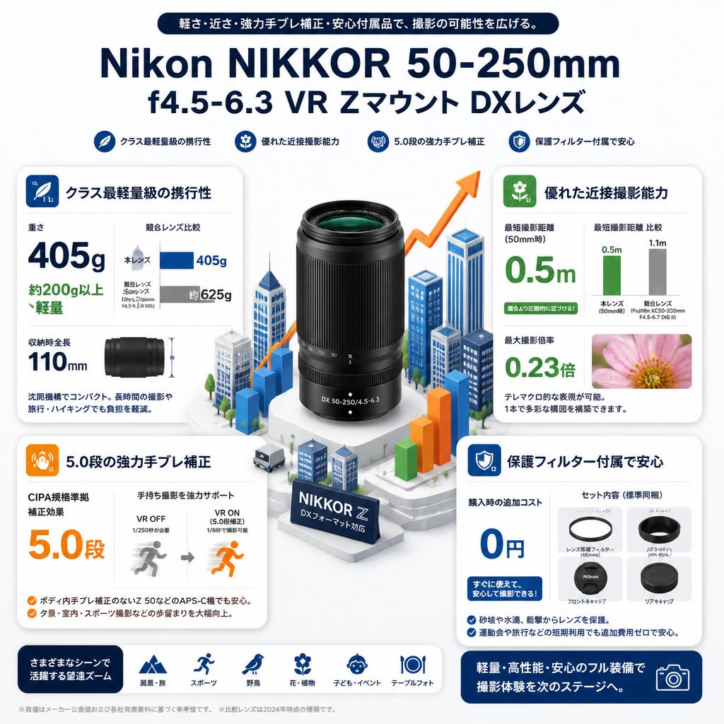 Nikon NIKKOR 50-250mm f4.5-6.3 VR Zマウント DXレンズ セールスポイント