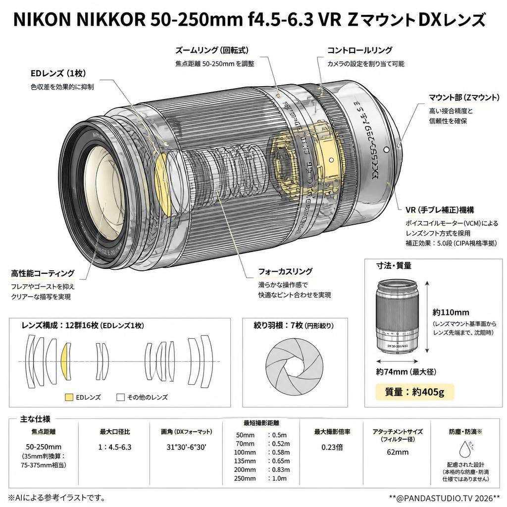 Nikon NIKKOR 50-250mm f4.5-6.3 VR Zマウント DXレンズ スペック