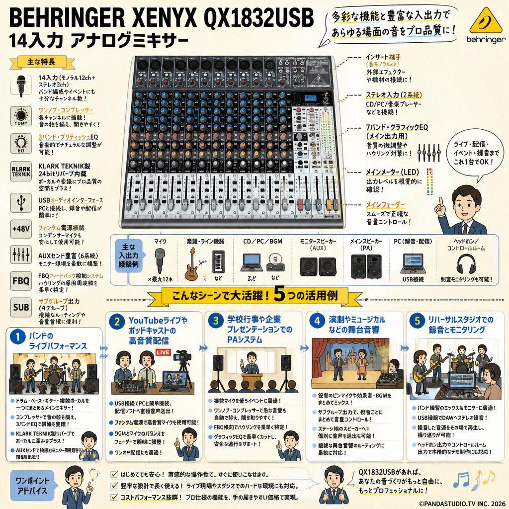 BEHRINGER XENYX QX1832USB 14入力 アナログミキサー 用途