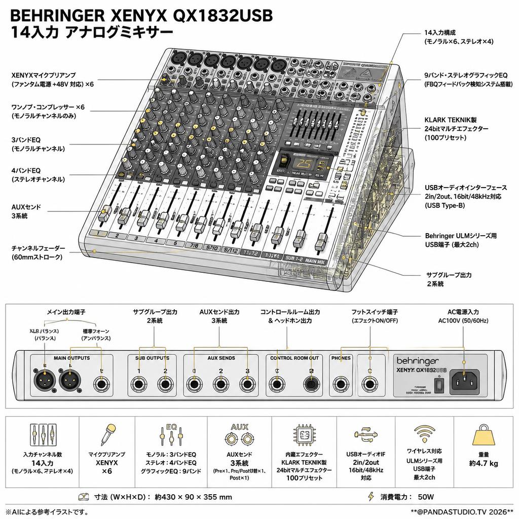 BEHRINGER XENYX QX1832USB 14入力 アナログミキサー スペック