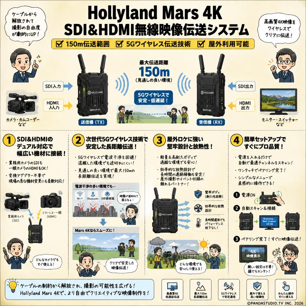 Hollyland Mars 4K SDI&HDMI無線映像伝送システム （ 150m伝送範囲 5Gワイヤレス伝送技術 屋外利用可能 ） 概要