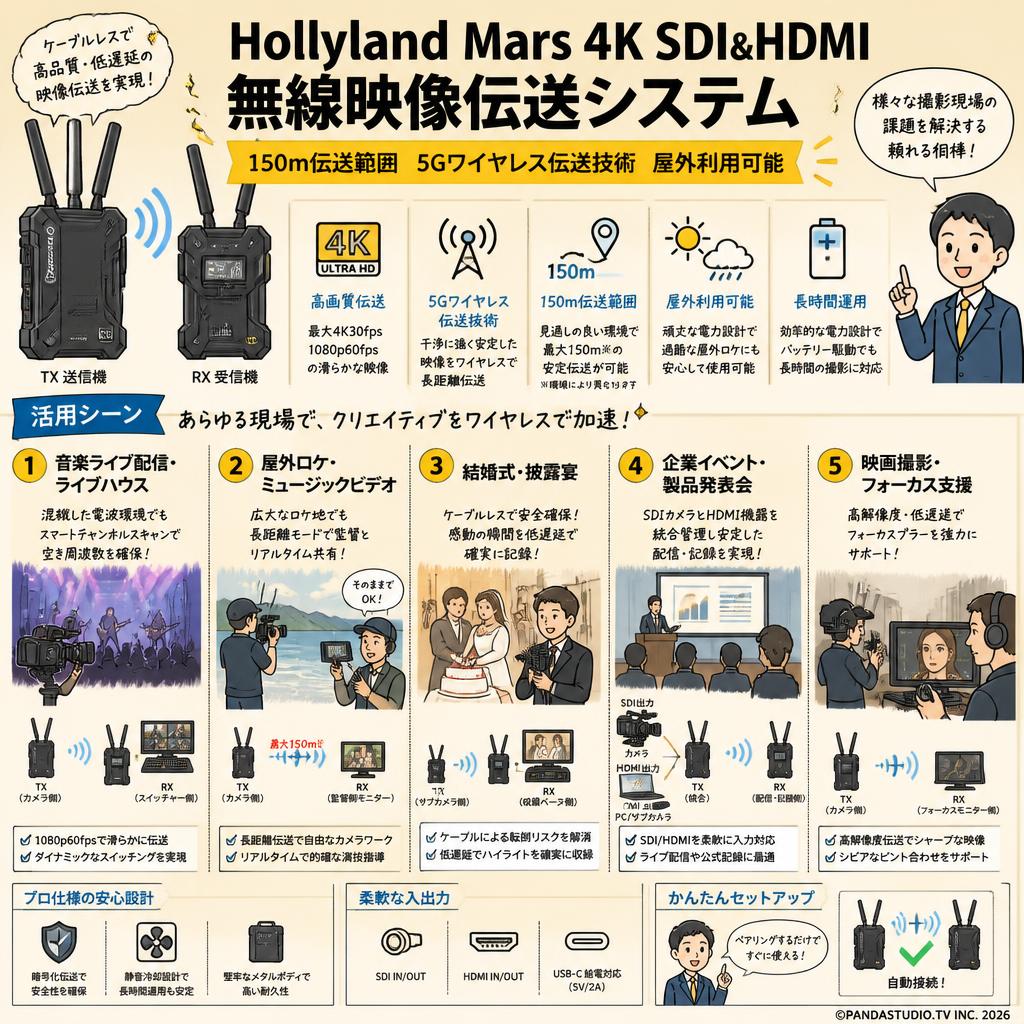 Hollyland Mars 4K SDI&HDMI無線映像伝送システム （ 150m伝送範囲 5Gワイヤレス伝送技術 屋外利用可能 ） 用途