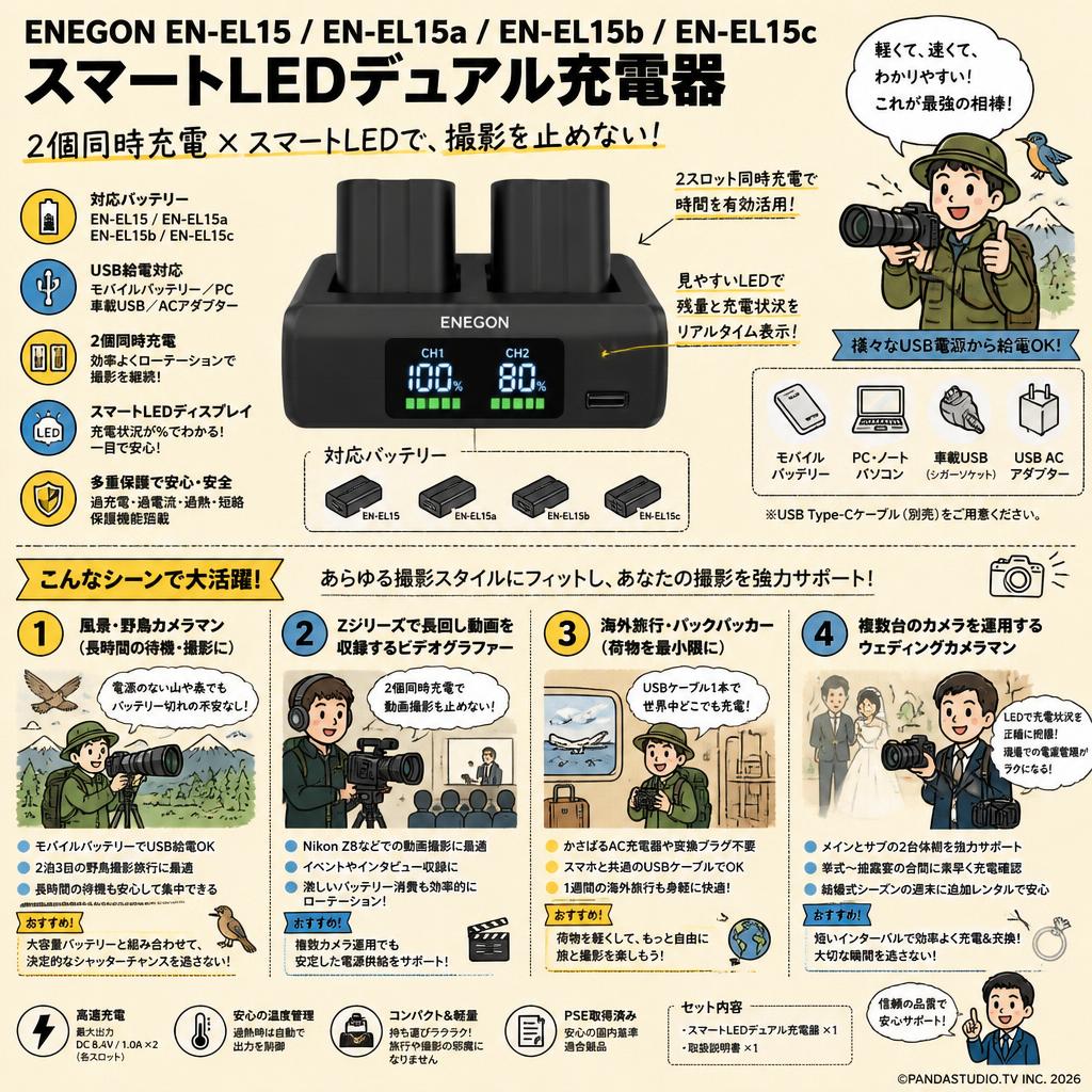 ENEGON EN-EL15 EN-EL15a EN-EL15b EN-EL15c スマートLEDデュアル充電器 おもな対象のお客様