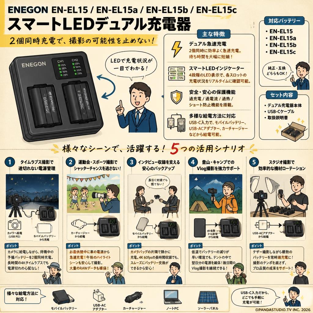 ENEGON EN-EL15 EN-EL15a EN-EL15b EN-EL15c スマートLEDデュアル充電器 用途