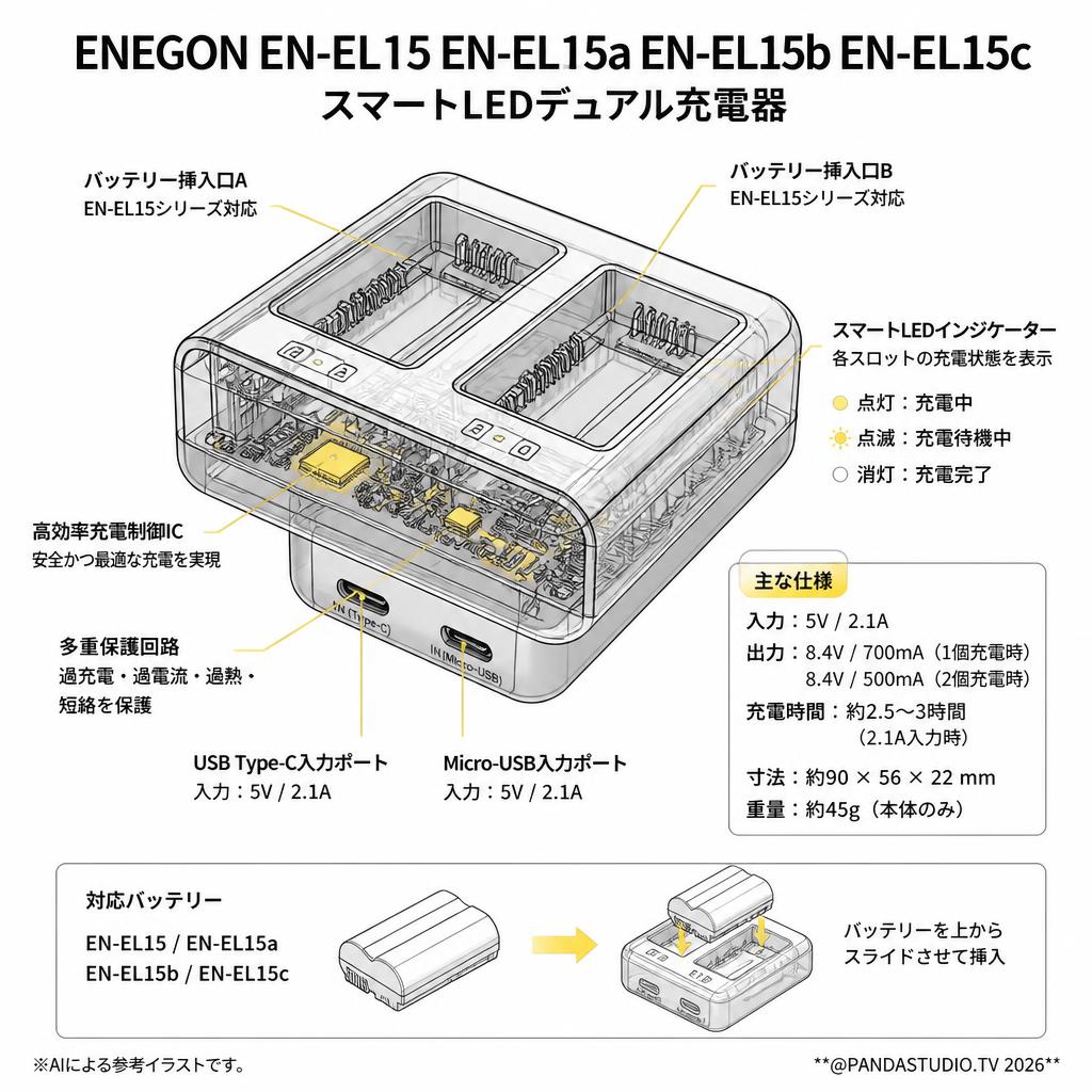 ENEGON EN-EL15 EN-EL15a EN-EL15b EN-EL15c スマートLEDデュアル充電器 スペック