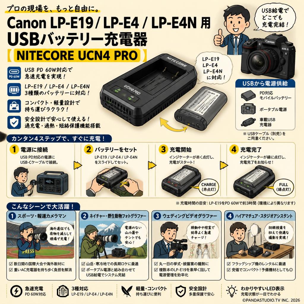 Canon LP-E19 / LP-E4 / LP-E4N 用 USBバッテリー充電器 【 NITECORE UCN4 PRO 】 おもな対象のお客様