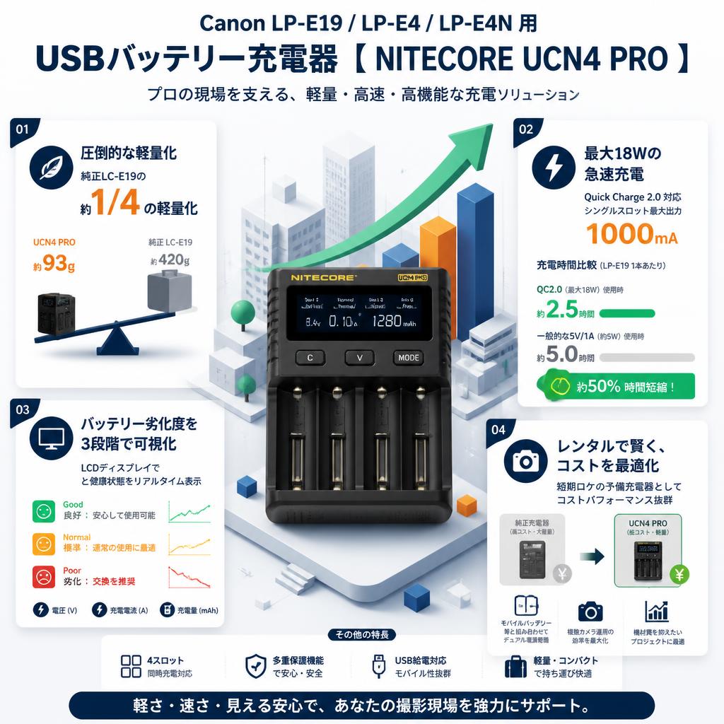 Canon LP-E19 / LP-E4 / LP-E4N 用 USBバッテリー充電器 【 NITECORE UCN4 PRO 】 セールスポイント
