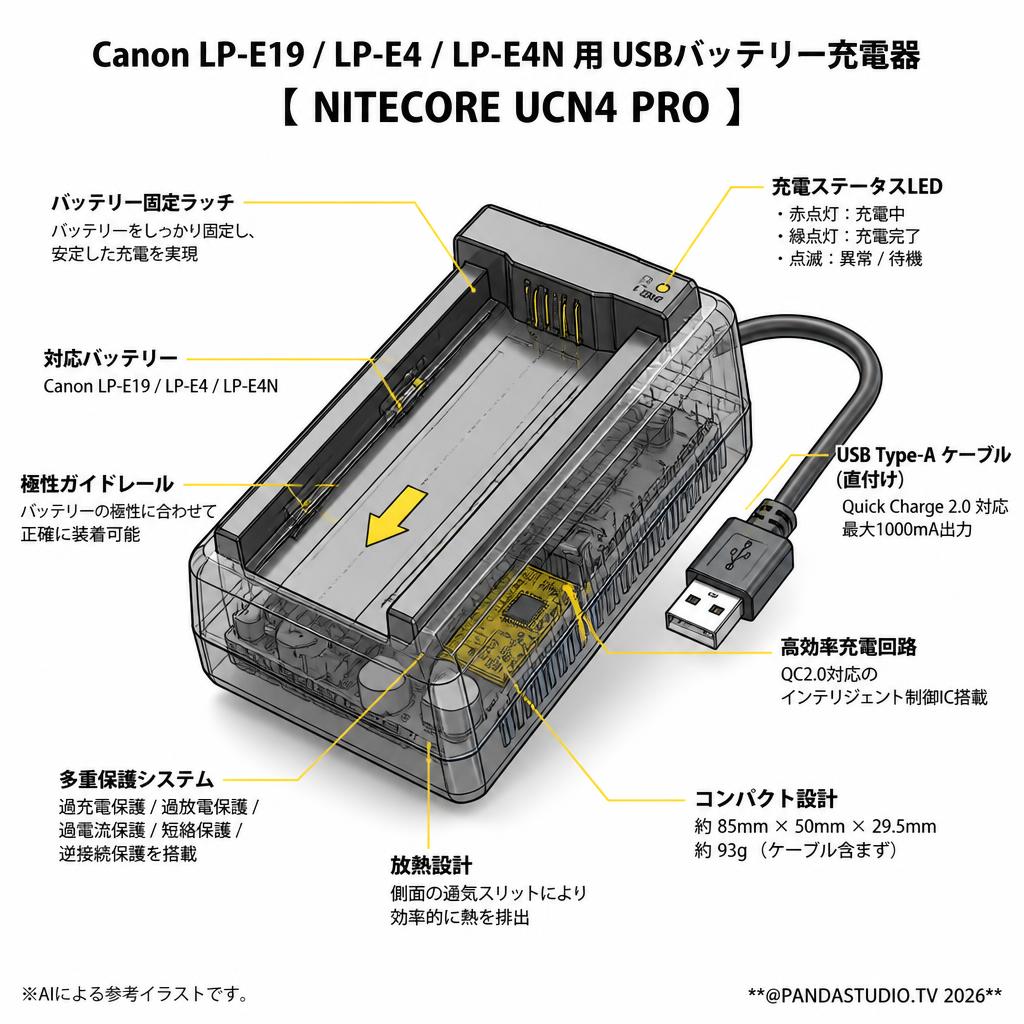 Canon LP-E19 / LP-E4 / LP-E4N 用 USBバッテリー充電器 【 NITECORE UCN4 PRO 】 スペック