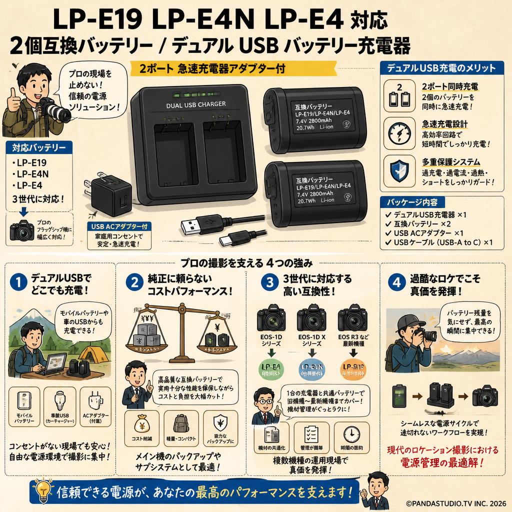LP-E19 LP-E4N LP-E4 【2個互換バッテリー/  デュアル USB バッテリー充電器 】2ポート 急速充電器アダプター付 概要