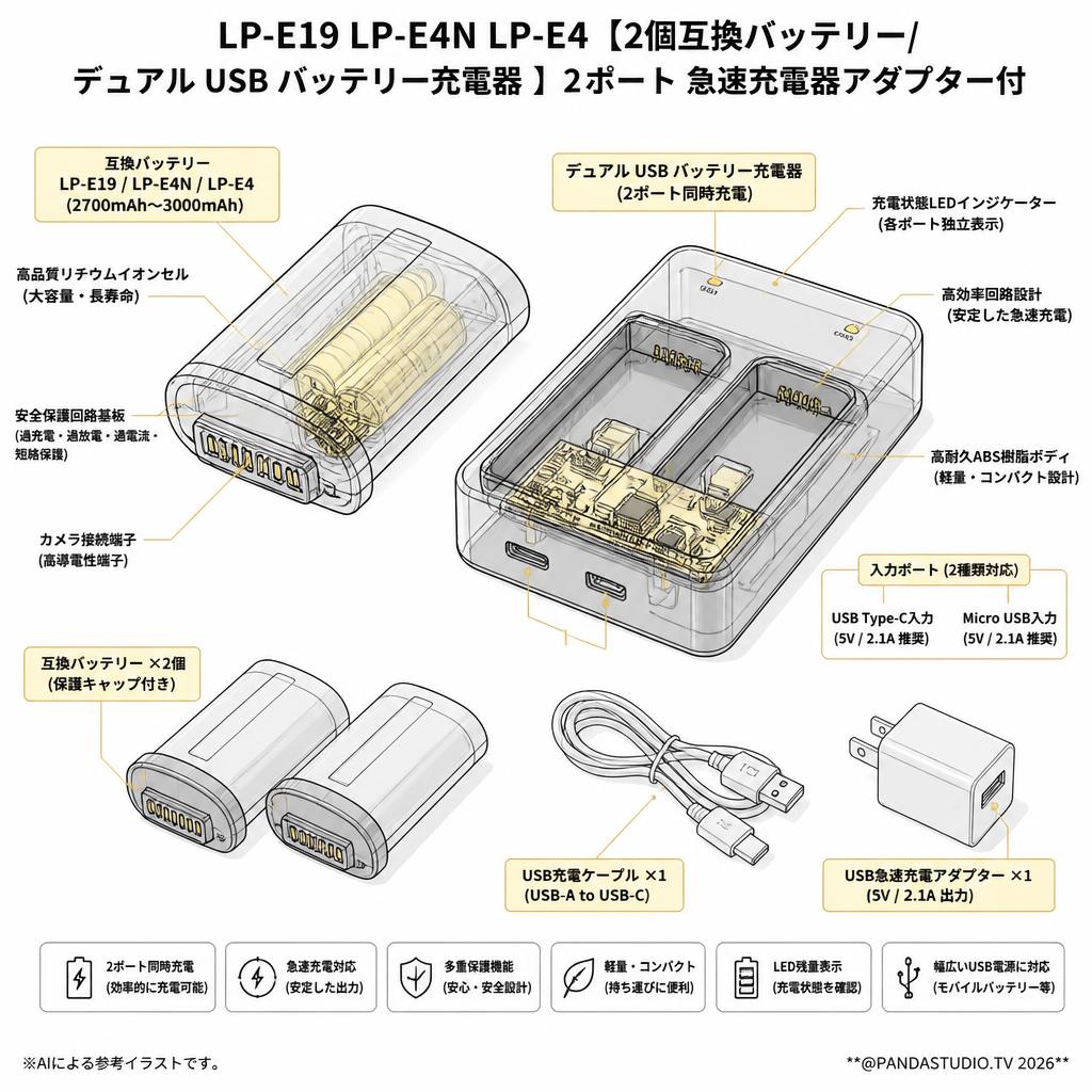 LP-E19 LP-E4N LP-E4 【2個互換バッテリー/  デュアル USB バッテリー充電器 】2ポート 急速充電器アダプター付 スペック