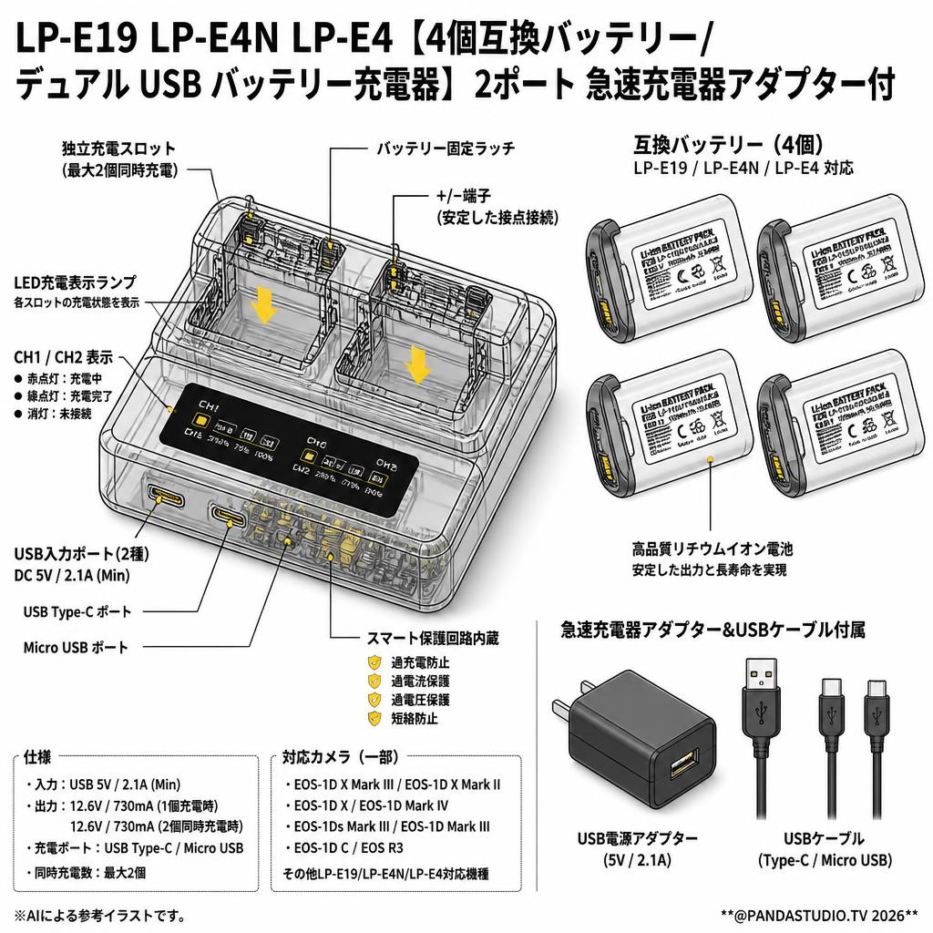 LP-E19 LP-E4N LP-E4 【4個互換バッテリー/  デュアル USB バッテリー充電器 】2ポート 急速充電器アダプター付 スペック