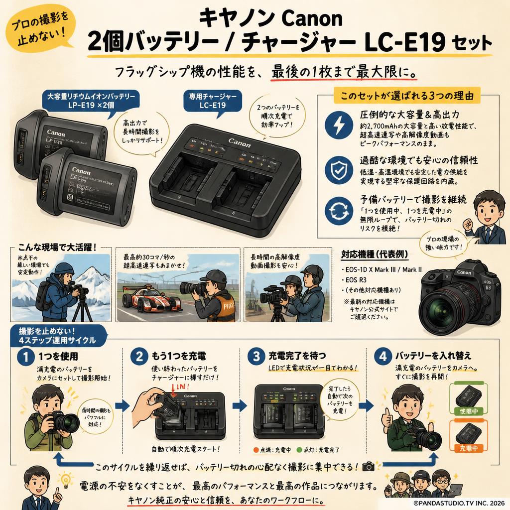 キヤノン Canon 2個バッテリー/ チャージャー LC-E19 セット 概要