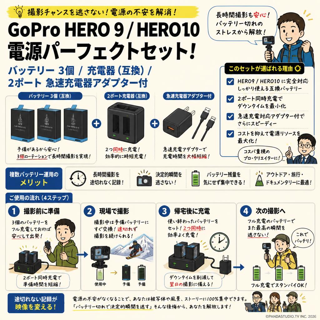 GoPro HERO 9 / HERO10 バッテリー 3個 / 充電器（互換）/ 2ポート 急速充電器アダプター付 概要